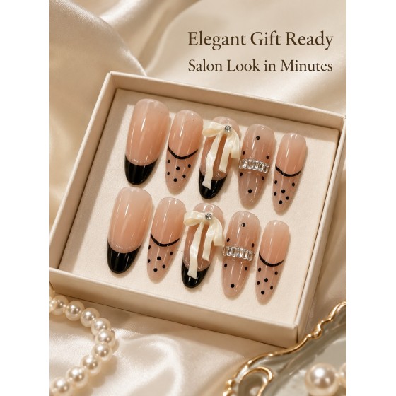 Black French Bow Press‑On Nails, Nude Polka‑Dot Elegant Almond False Nails with 3D Bow & Rhinestones